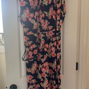 Navy Blue Floral Dress with Pink and Green Accents w/ Patten Leather Belt